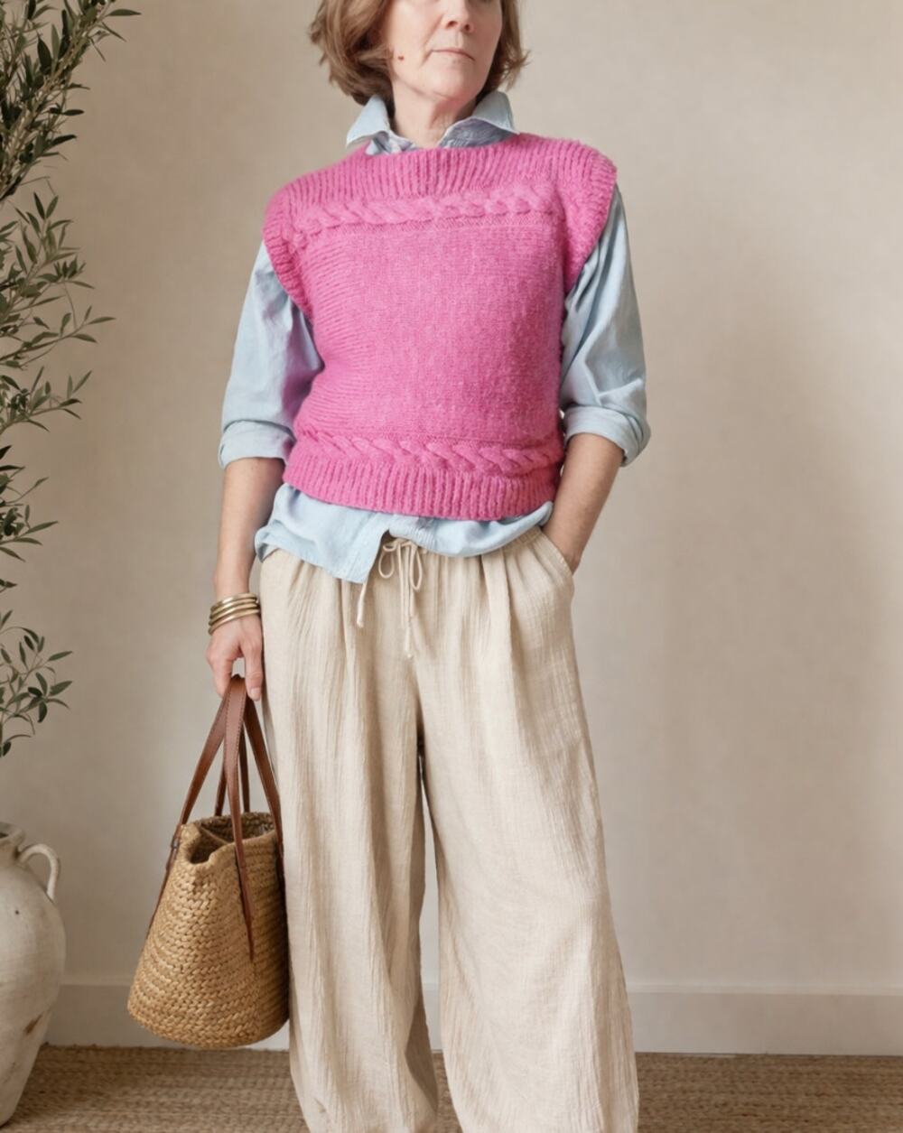 Vintage Handknit Pink Cable Knit Sweater Vest Womens Chunky Knit Cottagecore